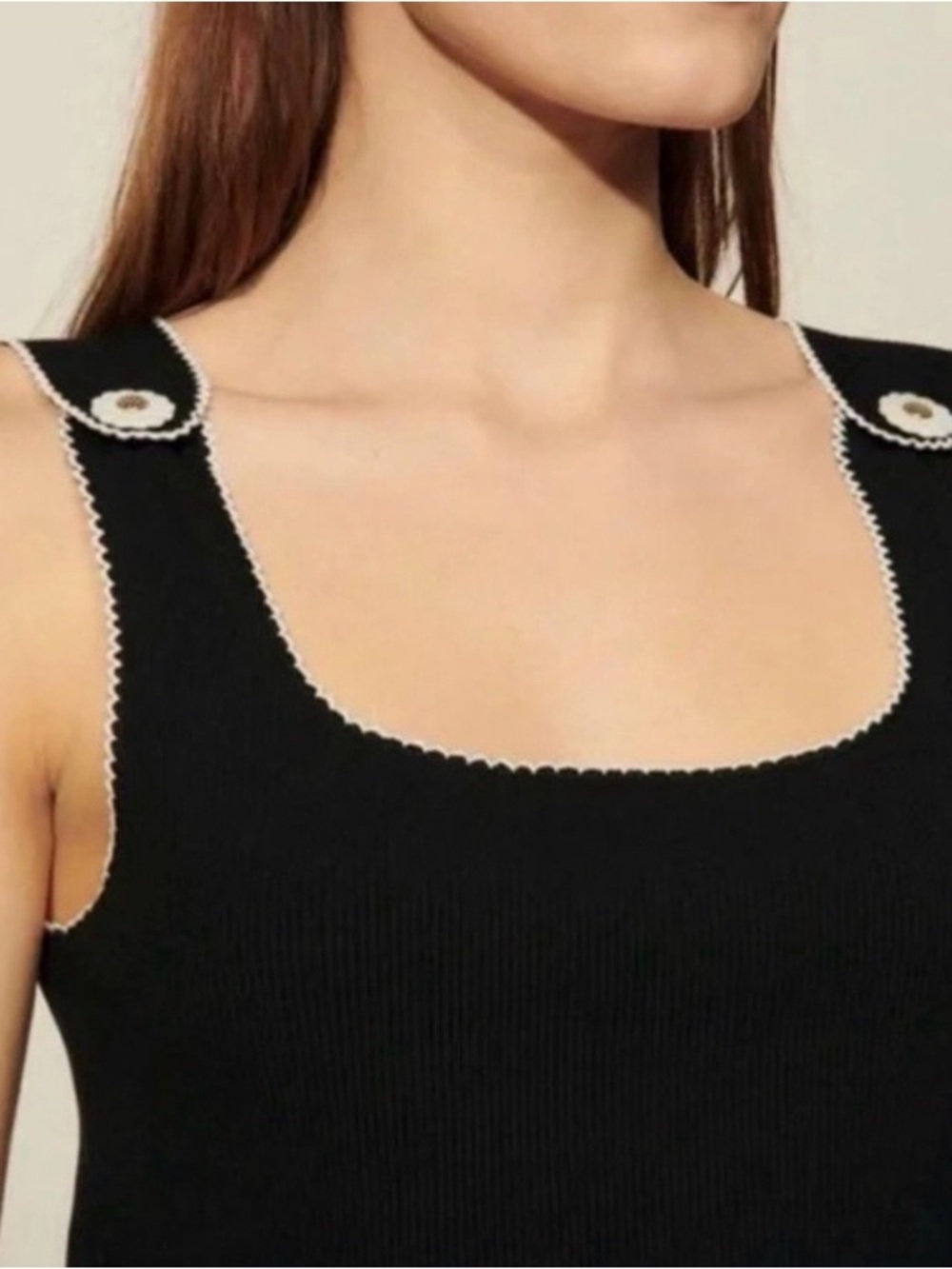 Sandro Black Ribbed Square-Neck Tank with White Scallop Trim